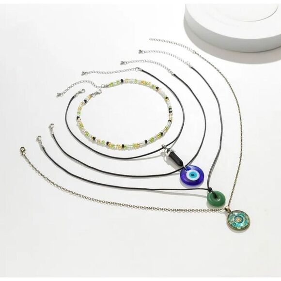 Bohemian Layered Chunky 5-Piece Necklace Set with Gemstone & Evil Eye Pendants - Picture 3 of 10